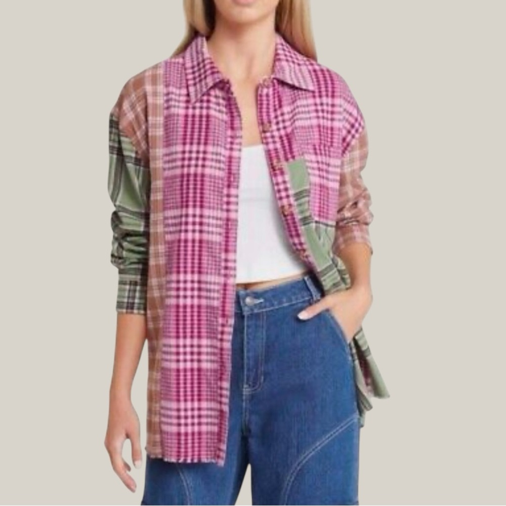 BP Nordstrom Small Pink Green Plaid Button Up Oversized Flannel Shirt NWT